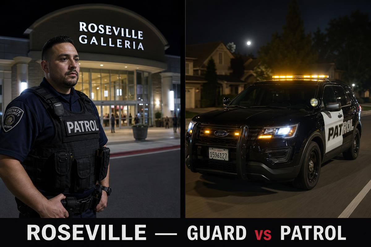 Roseville security guard vs security patrol — licensed BSIS PPO private security guard in navy shirt and PATROL plate-carrier vest at the Roseville Galleria mall entrance beside marked black Ford Explorer patrol SUV with amber LED light bar rolling through a Placer County master-planned neighborhood on a Roseville nightly tour