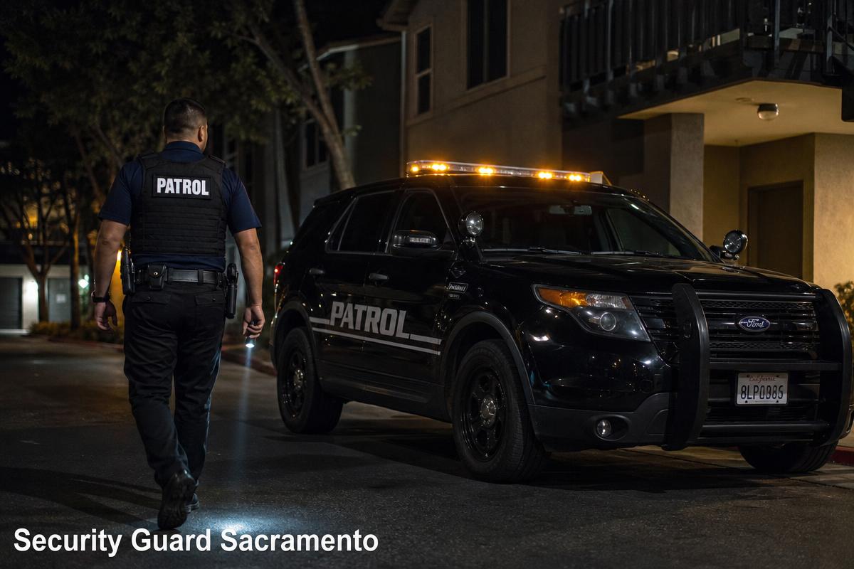 Licensed security guard Sacramento — uniformed private patrol officer next to marked Ford Explorer patrol SUV at an apartment complex at night