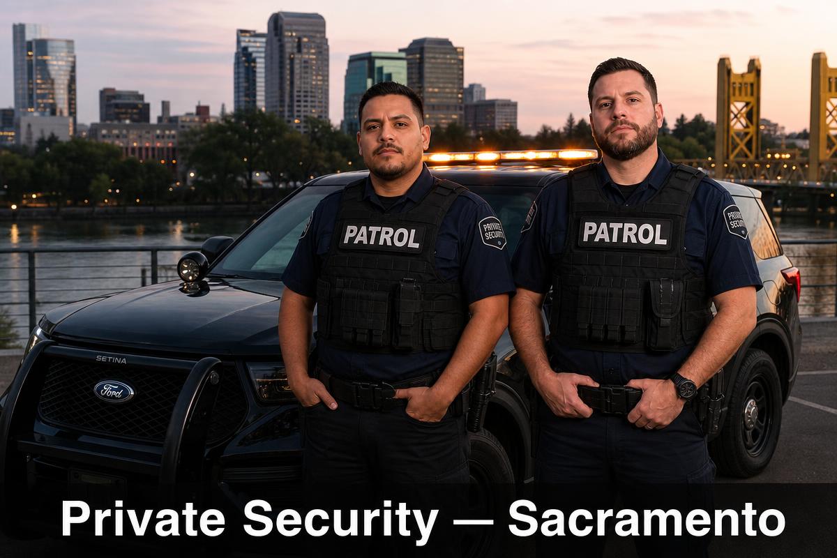 Private security Sacramento — two BSIS-licensed patrol officers in PATROL plate-carrier vests in front of marked SUV with Tower Bridge skyline
