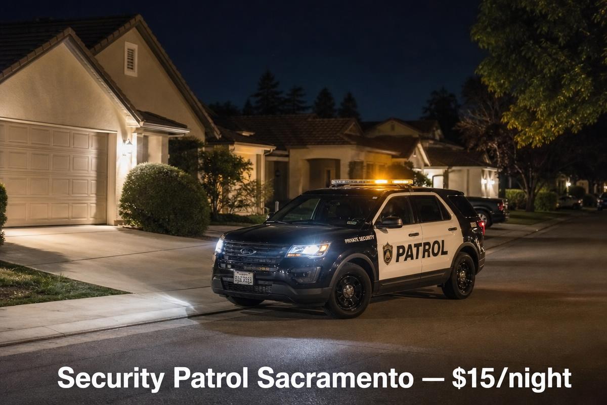 Security patrol Sacramento — marked private patrol SUV with amber light bar driving through an HOA neighborhood, $15/night