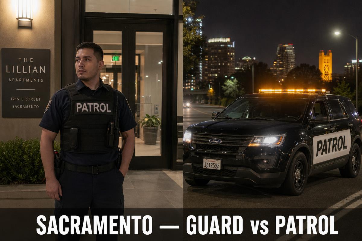Sacramento security guard vs security patrol — licensed BSIS PPO private security guard in navy shirt and PATROL plate-carrier vest at a downtown Sacramento apartment lobby beside marked black Ford Explorer patrol SUV with amber LED light bar driving past the lit Tower Bridge skyline on a Sacramento nightly tour