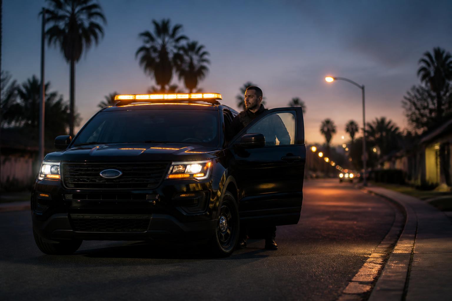 Security patrol Sacramento — marked private patrol SUV with amber light bar driving through an HOA neighborhood, $15/night