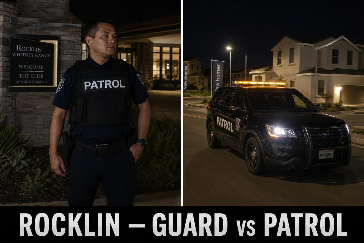 Rocklin security guard vs security patrol — licensed BSIS PPO private security guard in navy shirt and PATROL plate-carrier vest at the Whitney Ranch HOA clubhouse beside marked black Ford Explorer patrol SUV with amber LED light bar driving through Rocklin new-construction tract homes on a Rocklin nightly tour
