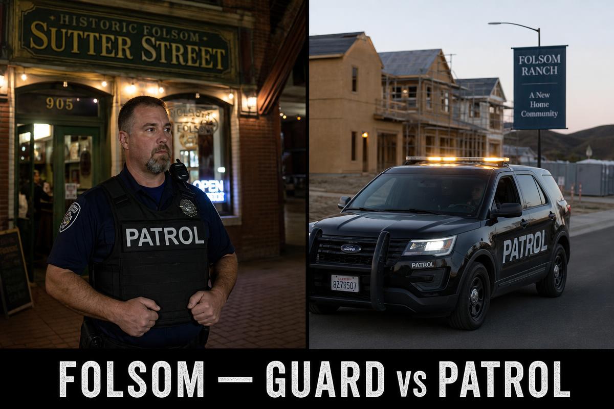 Folsom security guard vs security patrol — licensed BSIS PPO private security guard in navy shirt and PATROL plate-carrier vest at a Historic Folsom Sutter Street storefront beside marked black Ford Explorer patrol SUV with amber LED light bar rolling through Folsom Ranch new construction on a Folsom nightly tour