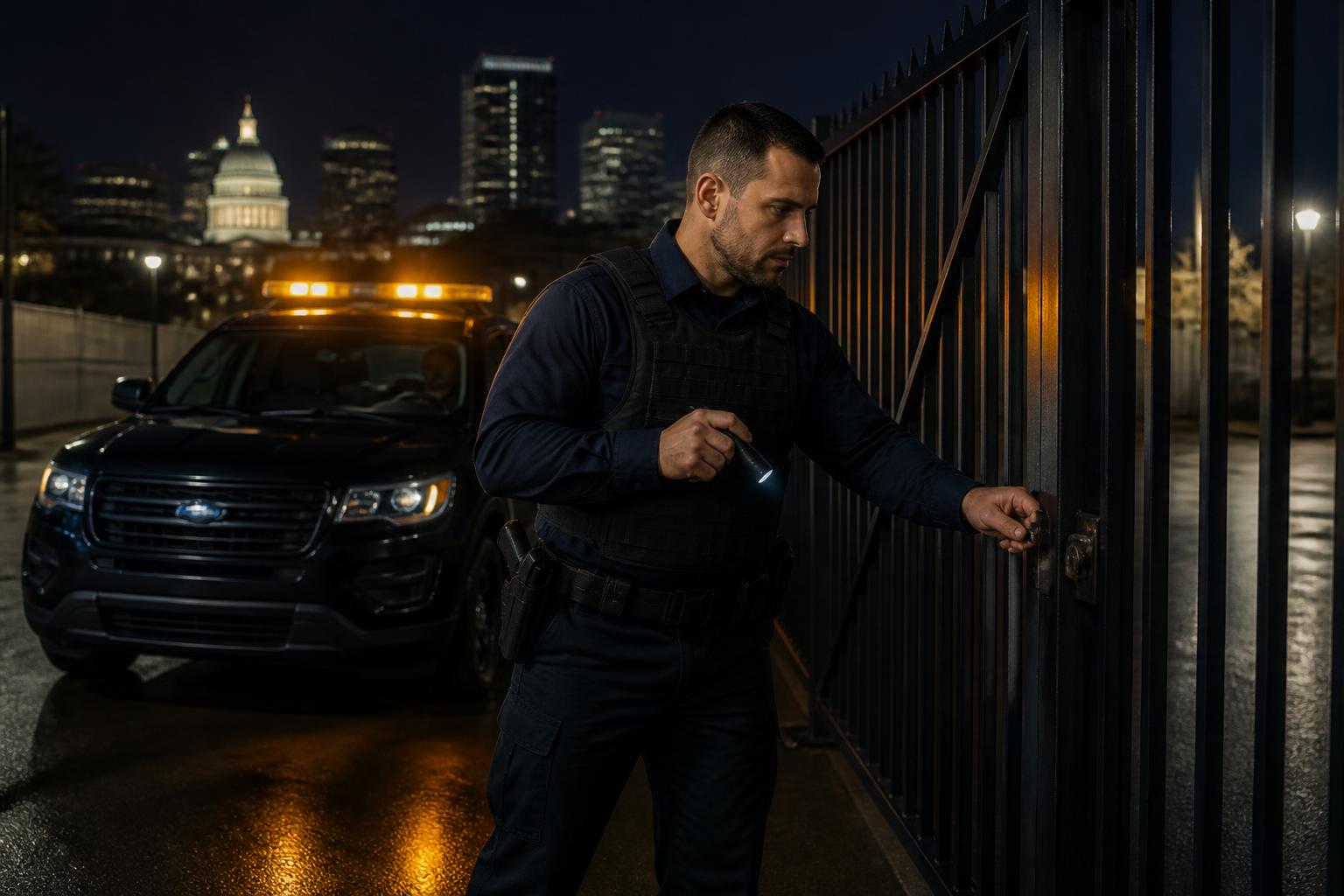 Private security Sacramento — two BSIS-licensed patrol officers in PATROL plate-carrier vests in front of marked SUV with Tower Bridge skyline