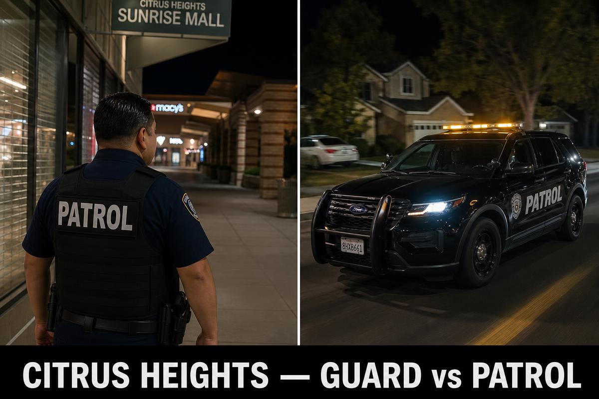 Citrus Heights security guard vs security patrol — licensed BSIS PPO private security guard in navy shirt and PATROL plate-carrier vest at the Citrus Heights Sunrise Mall corridor beside marked black Ford Explorer patrol SUV with amber LED light bar rolling through a Citrus Heights residential street on a Citrus Heights nightly tour