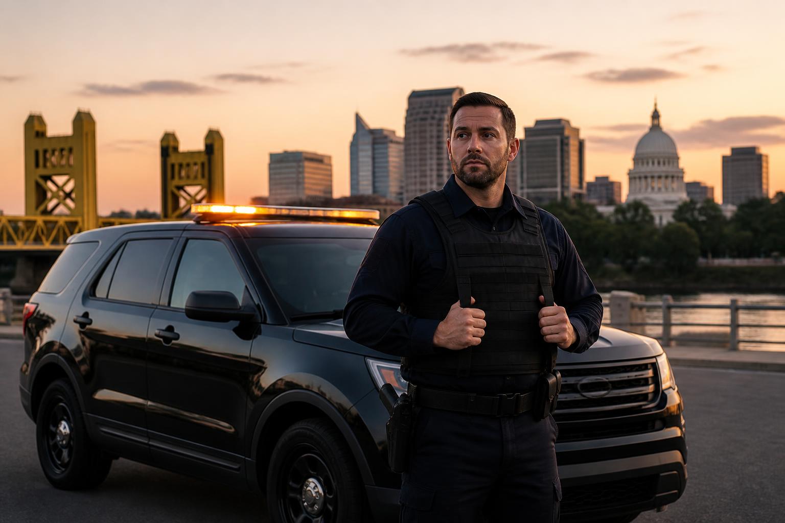 Licensed security guard Sacramento — uniformed private patrol officer next to marked Ford Explorer patrol SUV at an apartment complex at night