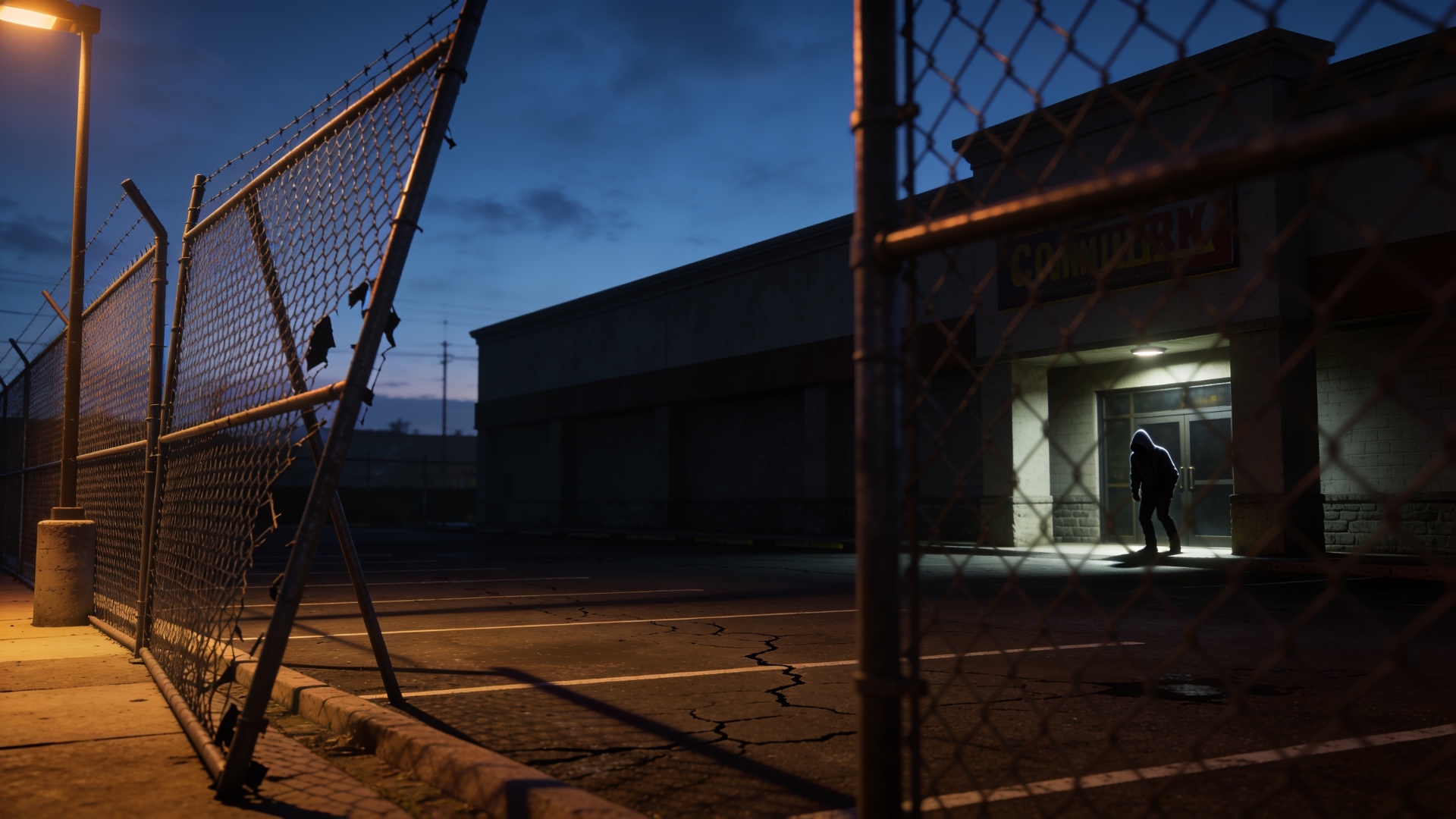 Hooded intruder at closed commercial storefront at dusk