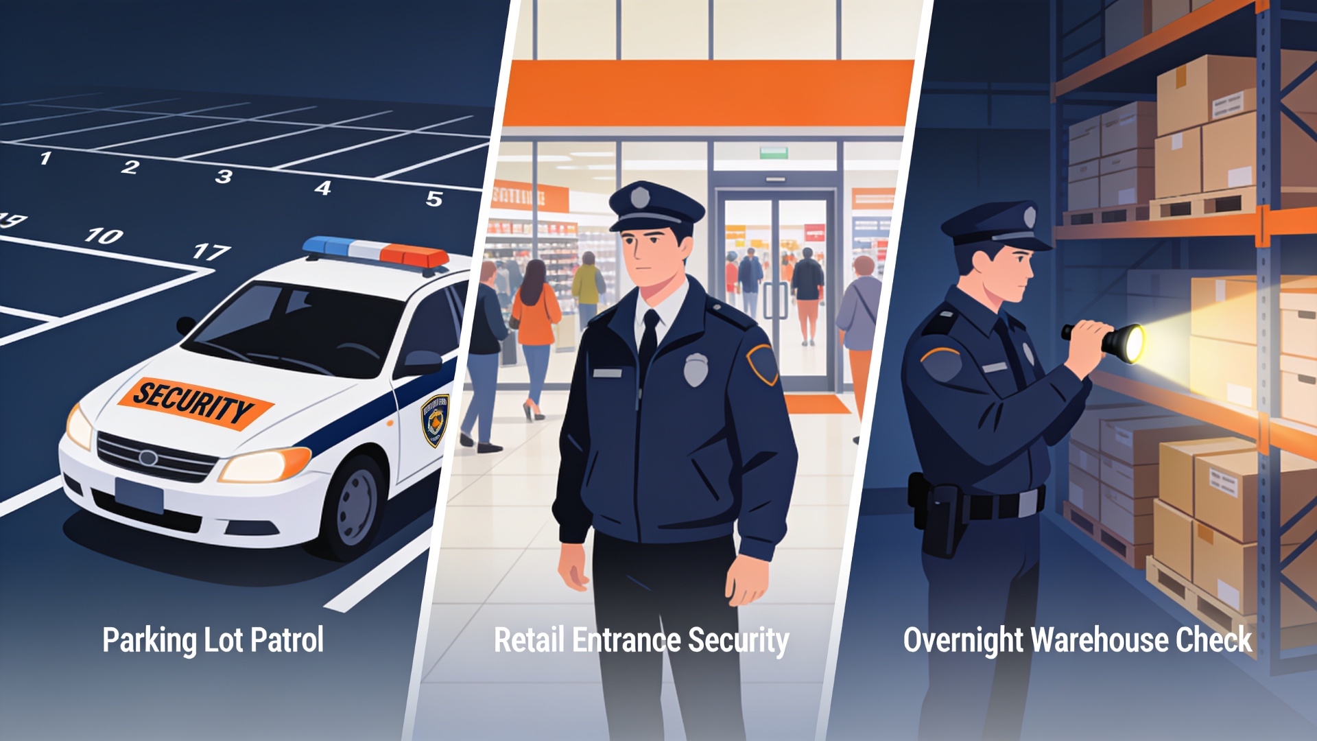 Three patrol service types side by side: parking lot patrol, retail entrance security, and overnight warehouse check