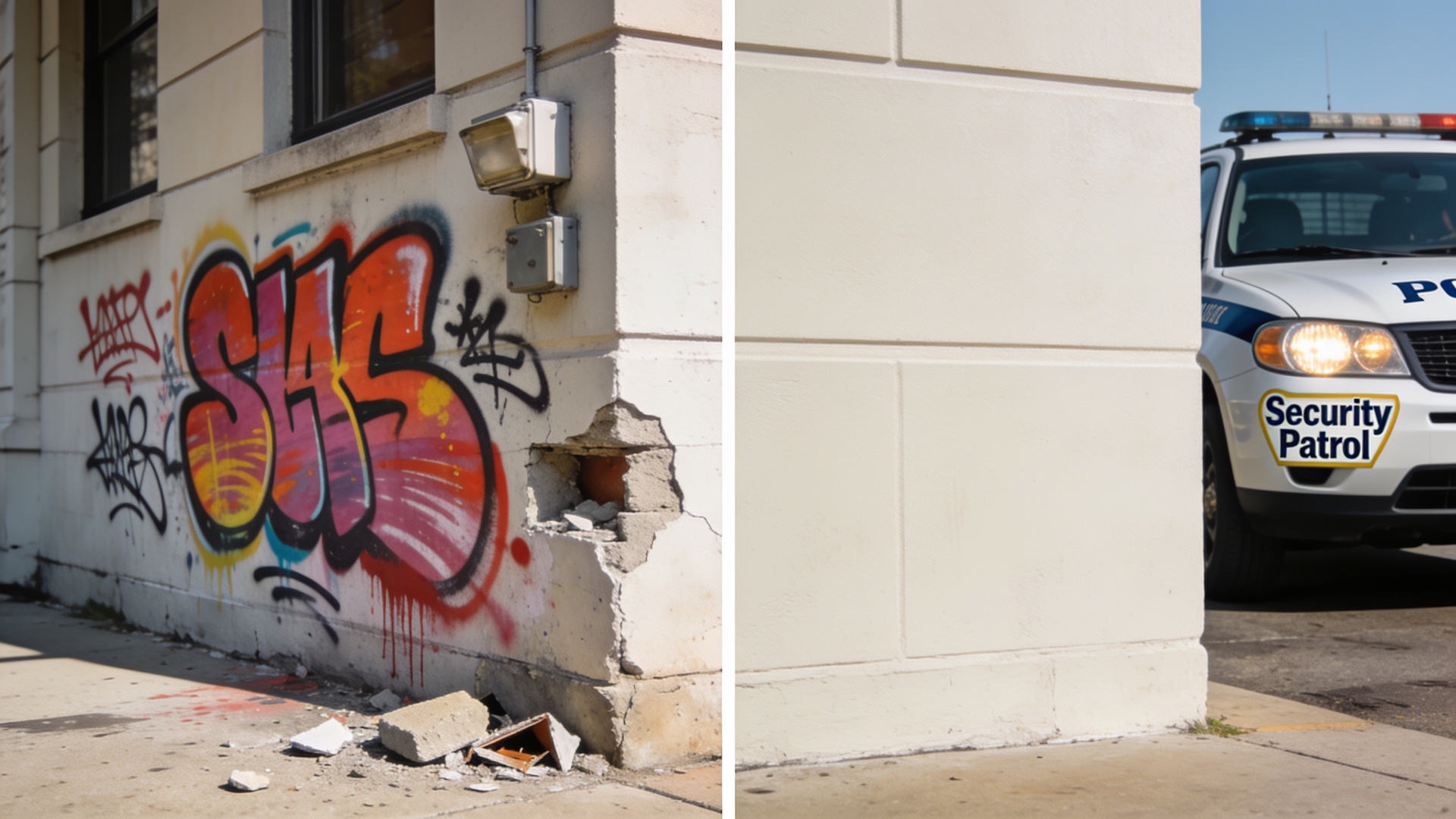 Before and after: graffiti-tagged wall vs. clean wall with a marked security patrol SUV on scene