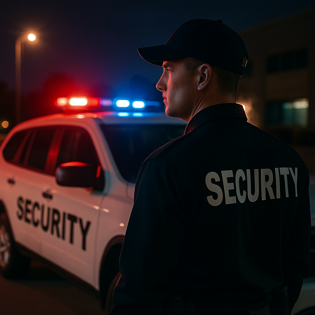 Stormhammer night security patrol guard in dark uniform beside marked patrol SUV with amber warning lights active in Sacramento