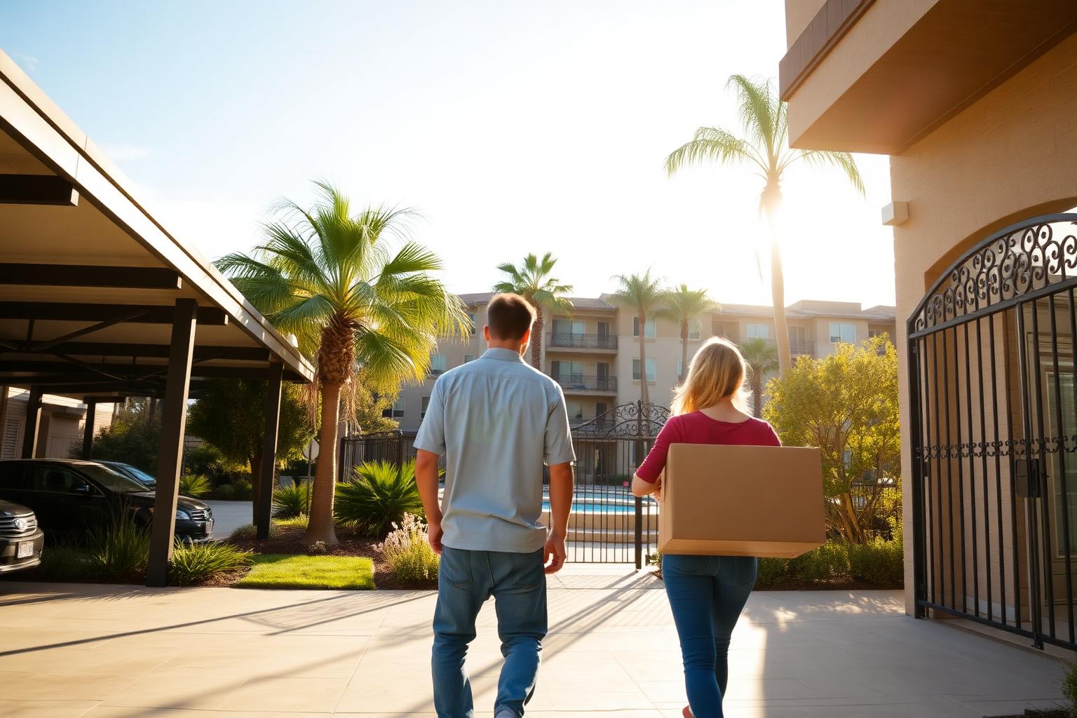 Couple with a moving box walking into a modern Sacramento apartment complex courtyard