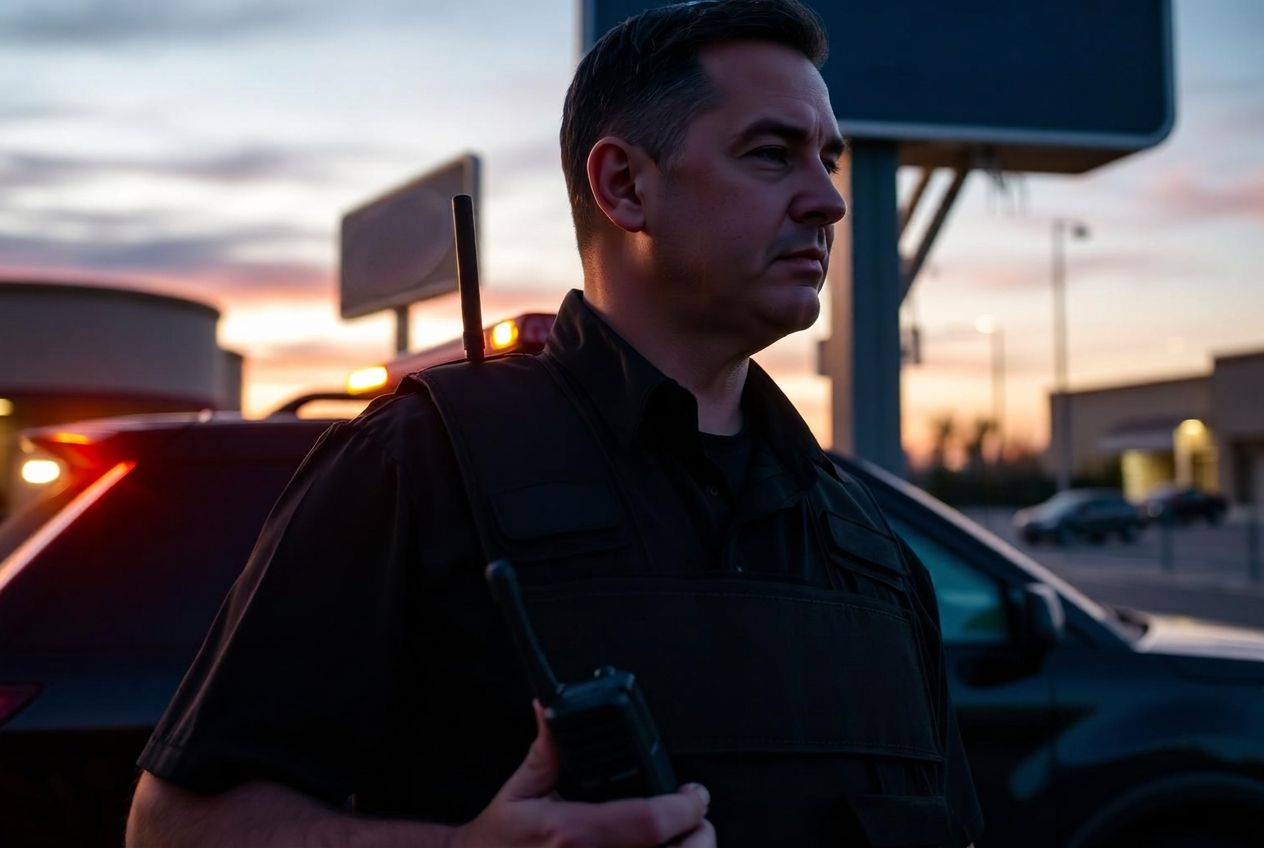 24-hour on-site security officer at a Sacramento commercial property at dawn with radio in hand.
