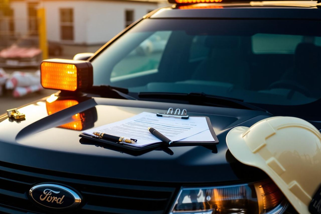 Signed construction security service agreement resting on the hood of a marked patrol SUV at golden hour.