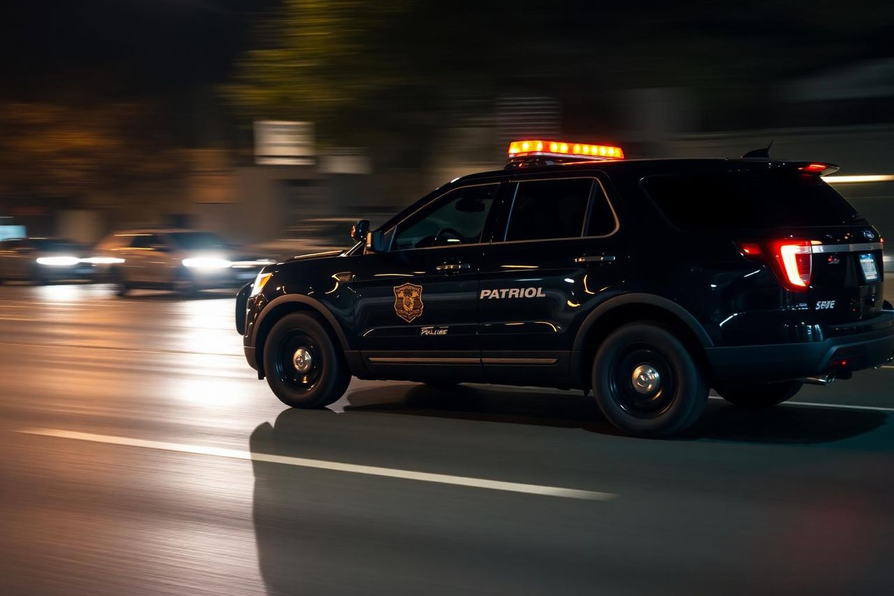Marked patrol SUV responding to an alarm on a Sacramento street at night with motion blur.