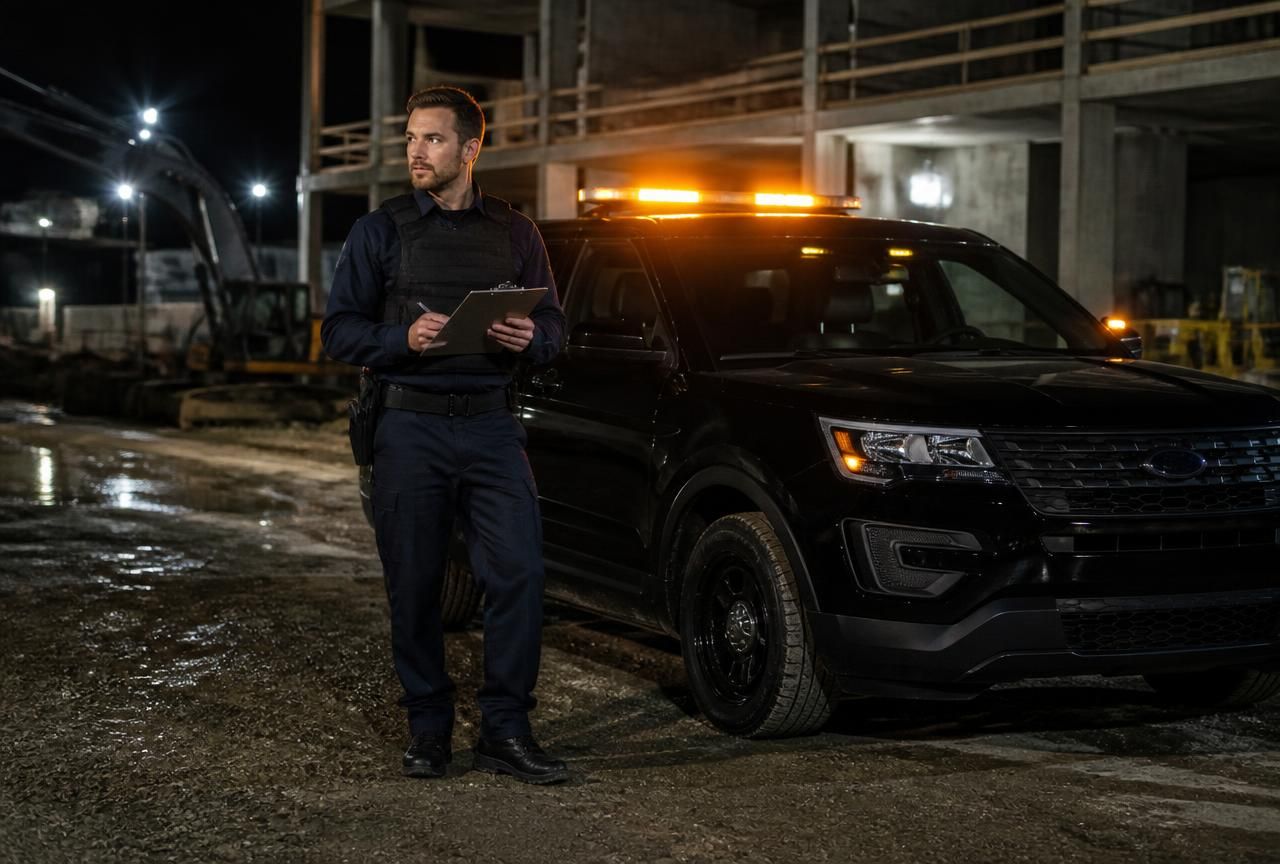 Marked patrol SUV parked at the gate of a Sacramento construction site at night with officer taking notes.