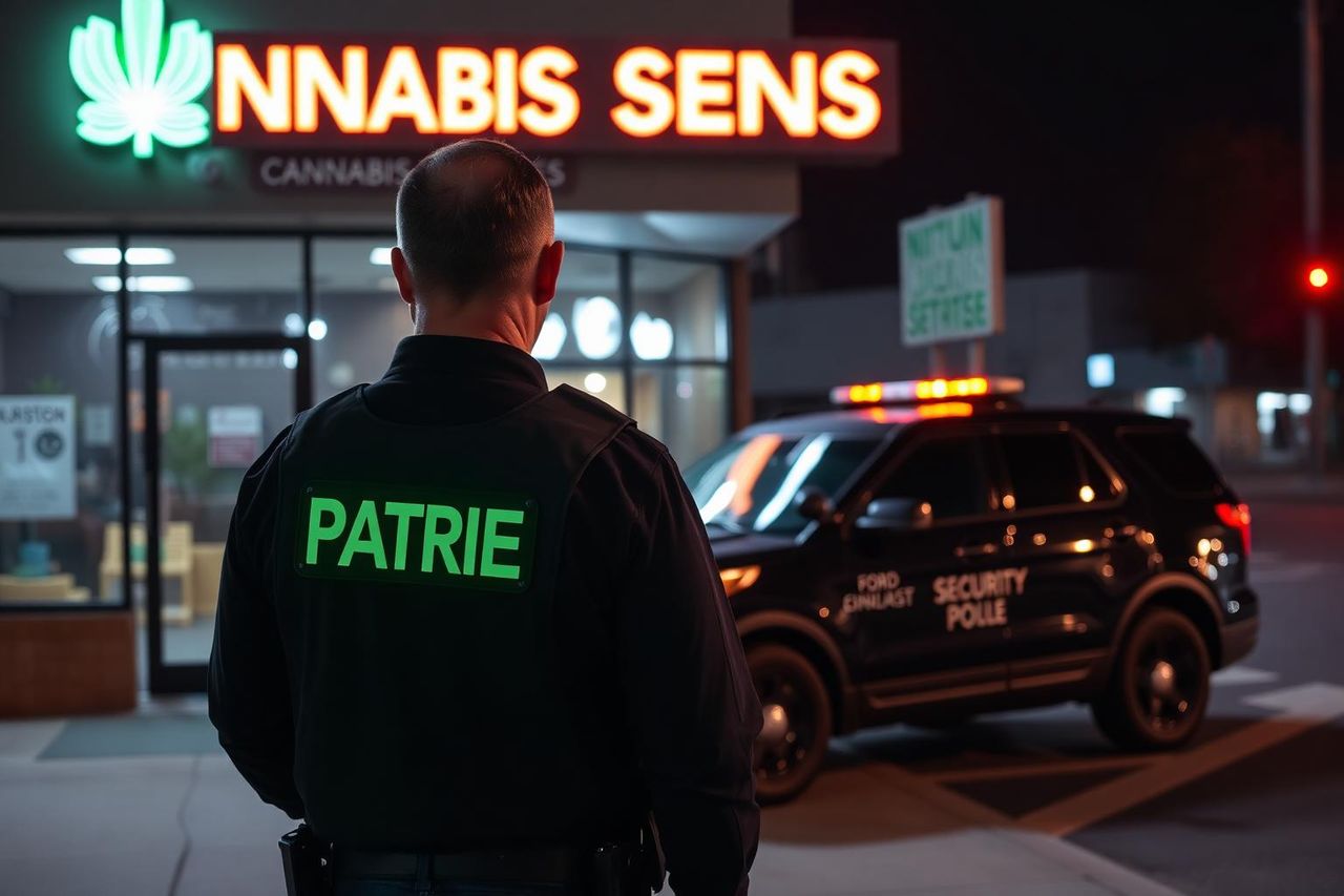Security officer stationed outside a Sacramento cannabis dispensary at night with patrol SUV at the curb.