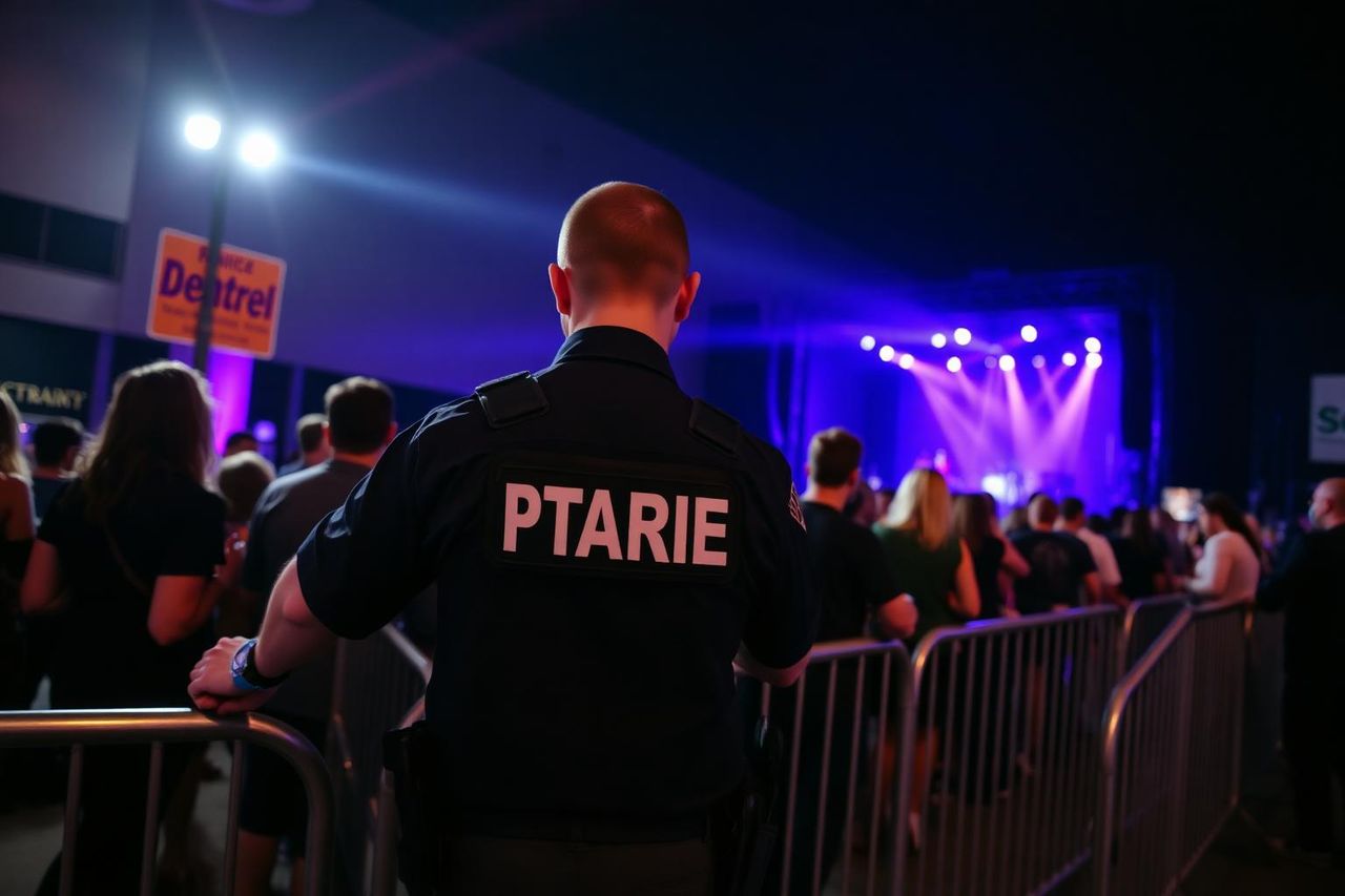 Event security officer working a barricade line at a Sacramento venue at night.