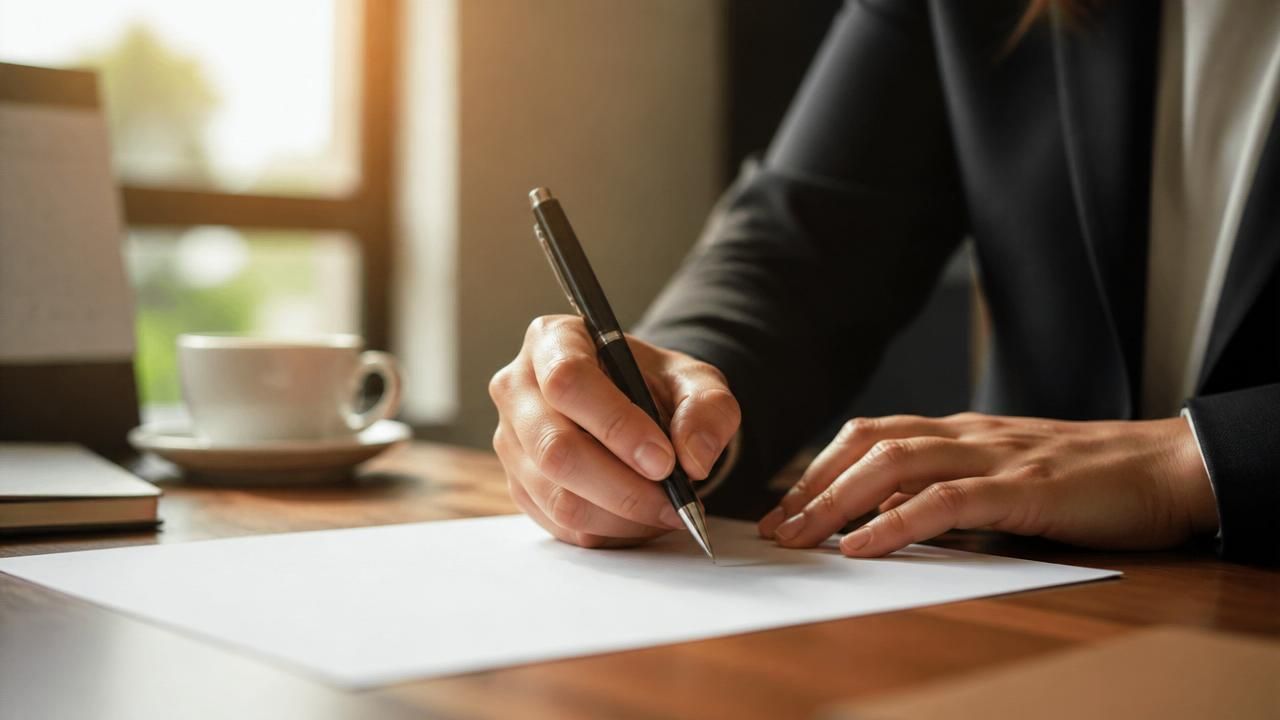 Property manager signing a 30-day termination notice at desk with transition calendar visible.