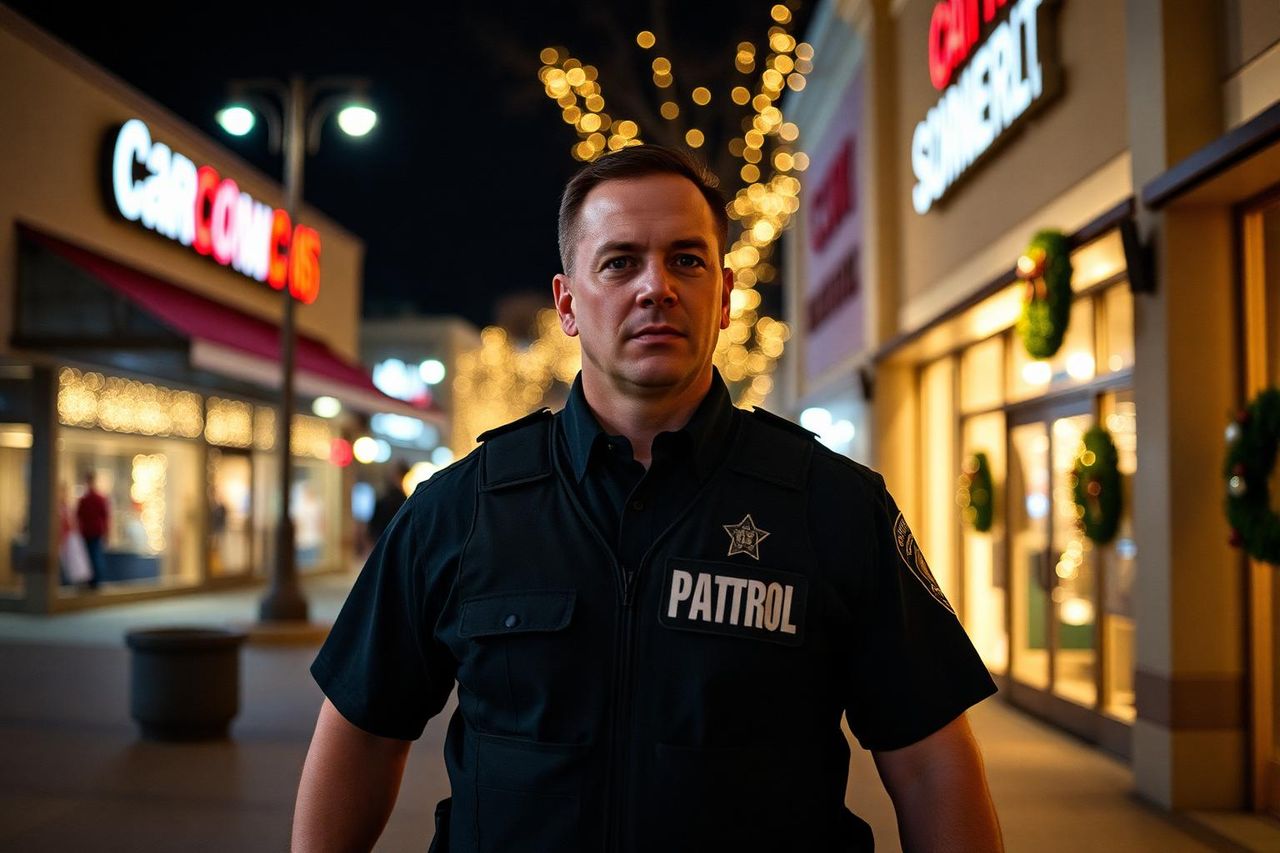 Retail security officer patrolling a Sacramento shopping center trimmed with holiday lights.