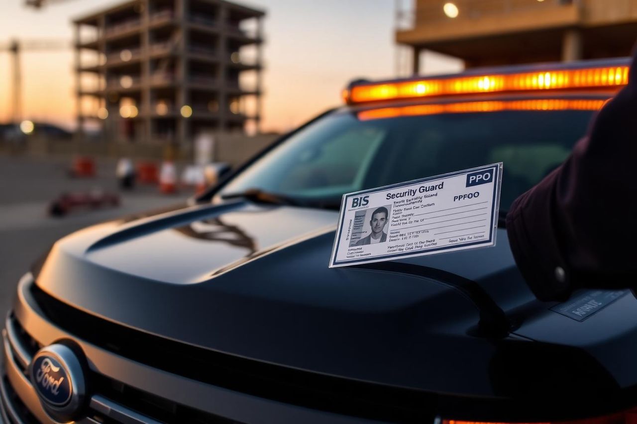 California BSIS security guard license and PPO paperwork on the hood of a marked patrol SUV at a Sacramento construction site.