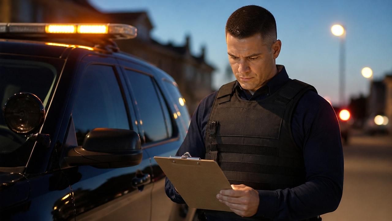 Sacramento private patrol supervisor reviewing a PPO onboarding checklist next to a marked patrol SUV.