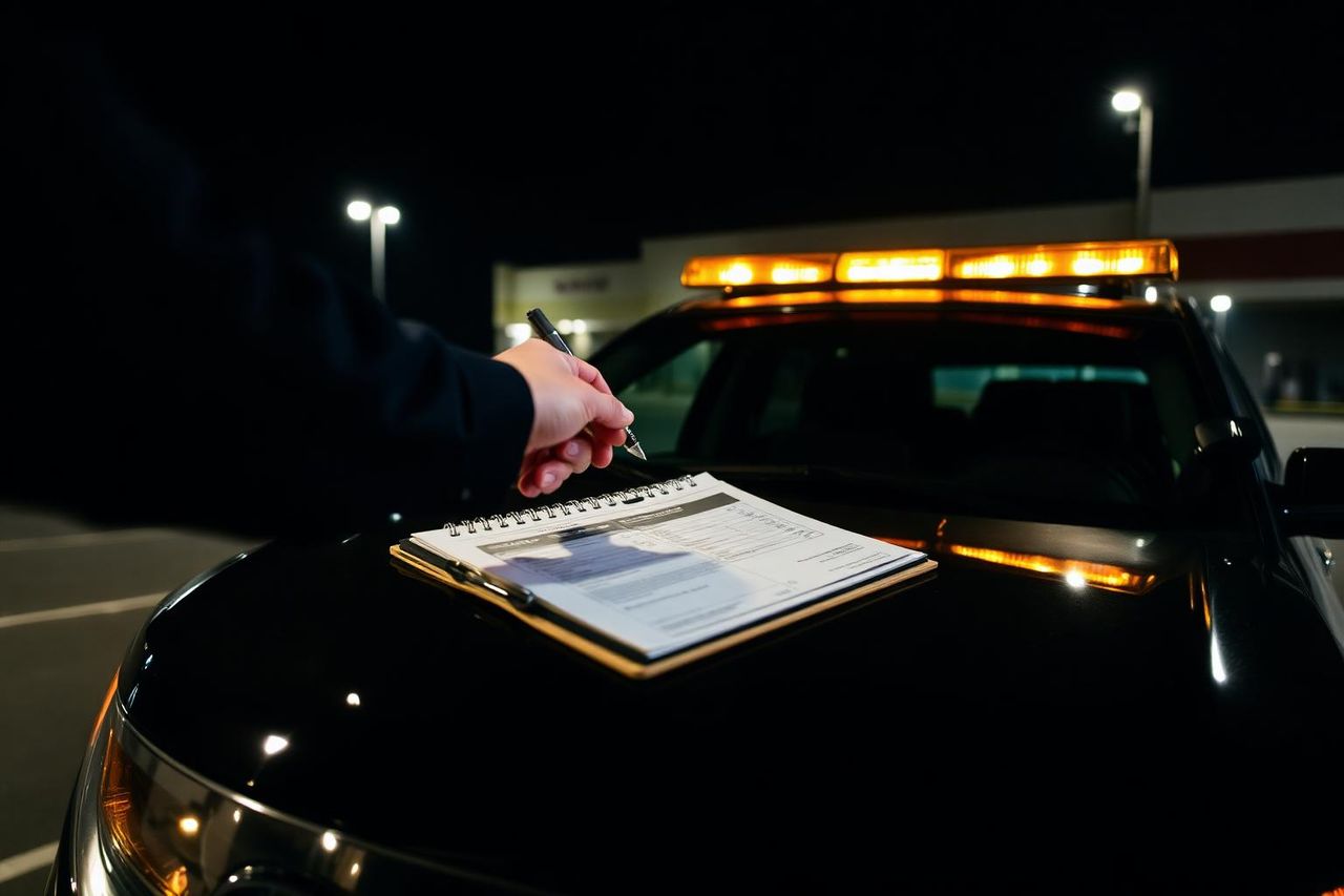 Patrol invoice and clipboard resting on the hood of a marked patrol SUV in a Sacramento parking lot.