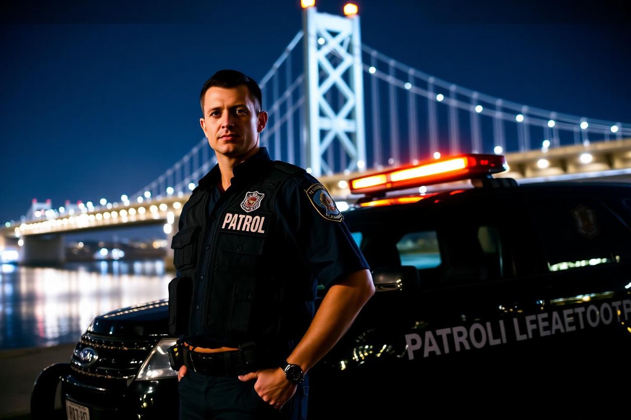 Professional private security officer with marked patrol SUV in front of the Sacramento Tower Bridge at night.