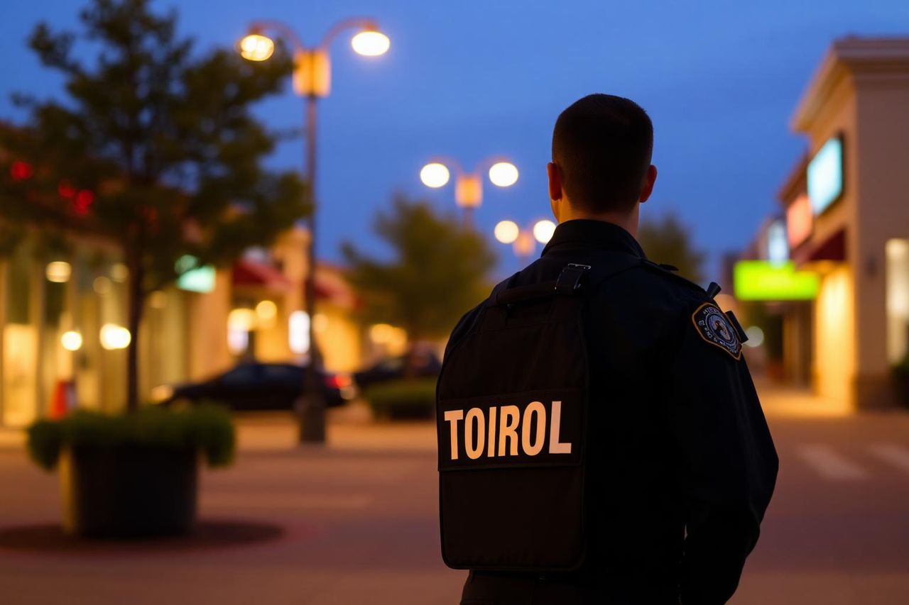 Unarmed private security officer on foot patrol in a Sacramento business plaza at dusk.