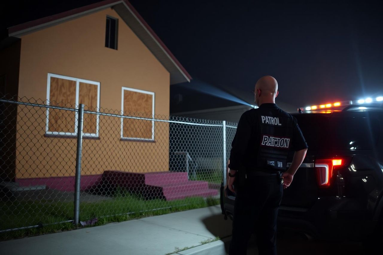 Security patrol officer inspecting a boarded vacant Sacramento property at night.