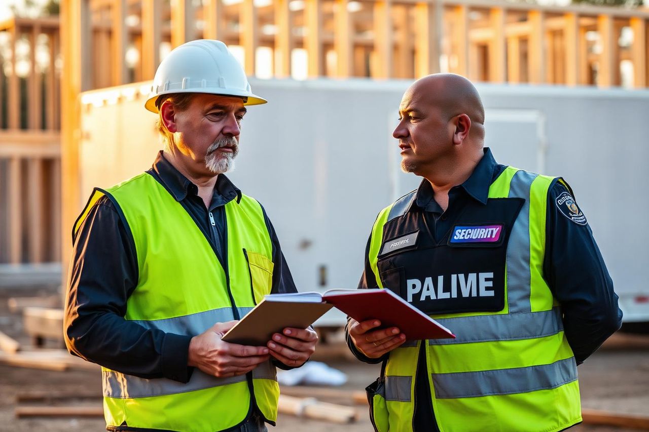 Sacramento general contractor in hard hat reviewing security notes with a private patrol officer on site.