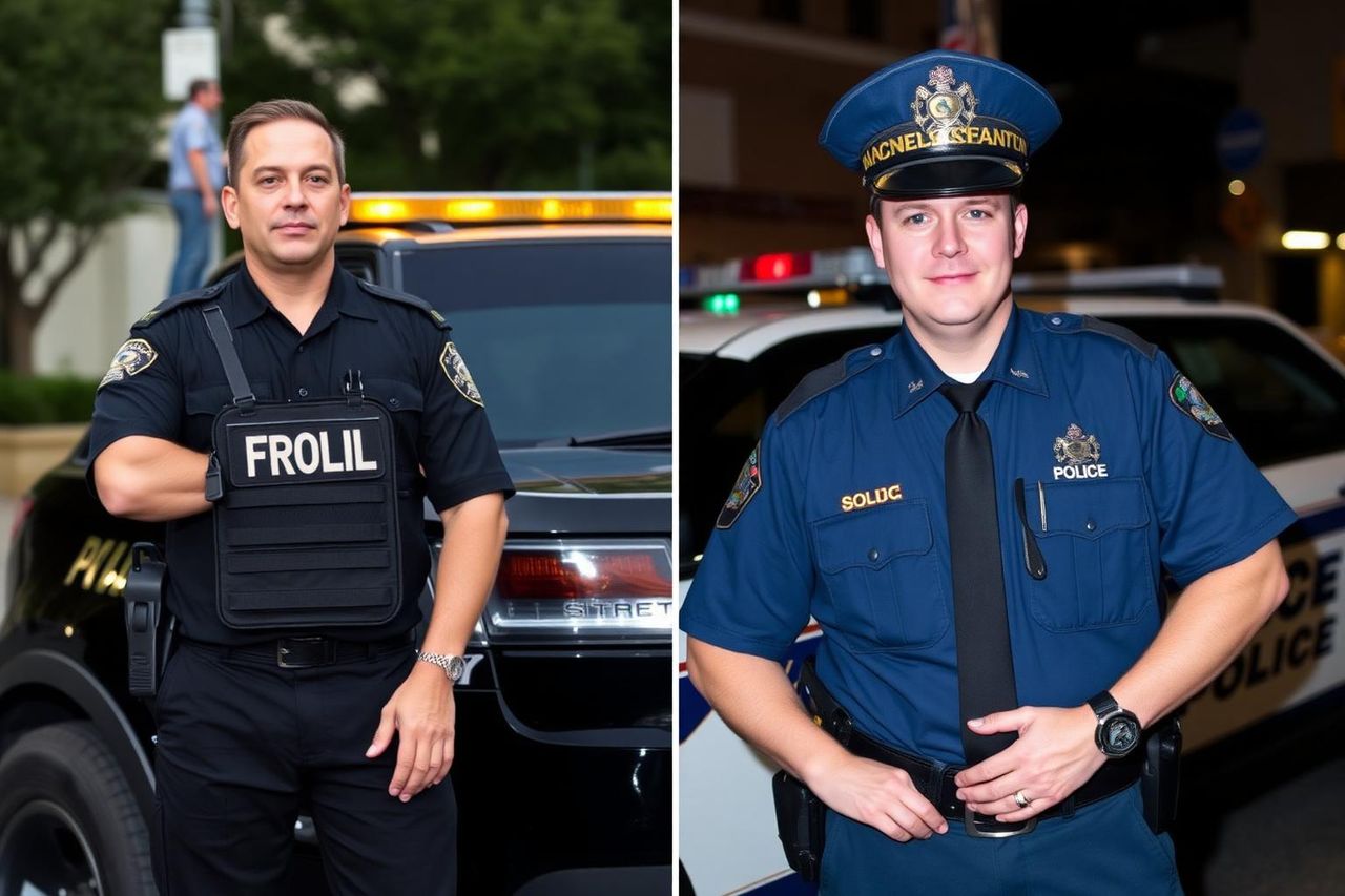 Side-by-side comparison of a private patrol officer and a Sacramento police officer at night.