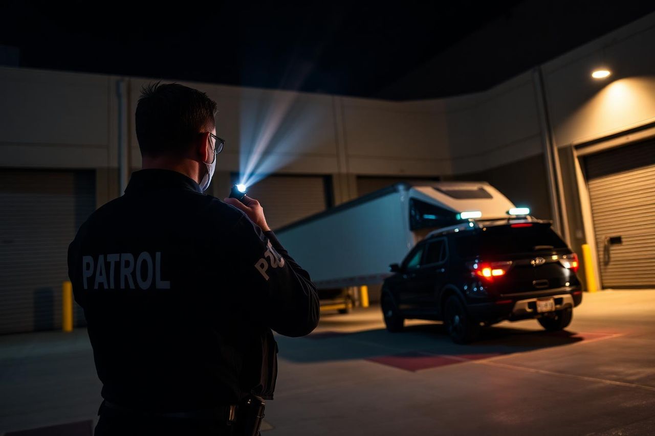 Security patrol officer scanning a Sacramento warehouse loading dock at night with flashlight.