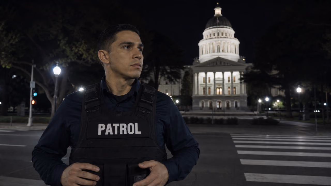Security guard near me Sacramento — Stormhammer patrol officer in front of the California State Capitol dome at night, 10th & L Street, 95814