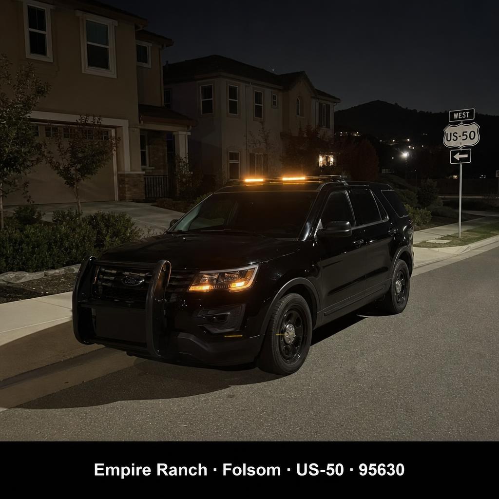 Stormhammer patrol SUV on an Empire Ranch residential street in Folsom with US-50 freeway sign and foothills