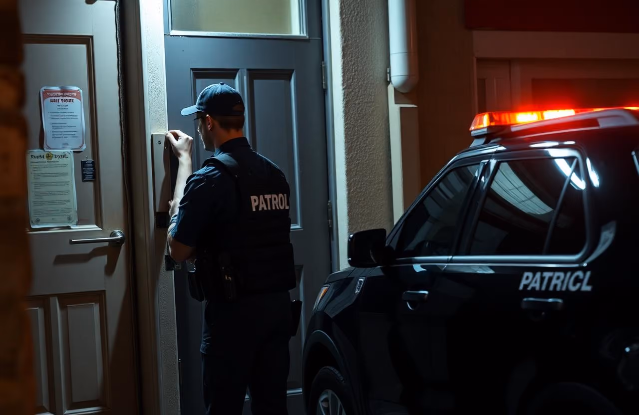 Nightly lockup check security patrol Sacramento — Stormhammer officer door-shake on R Street back door, 95811