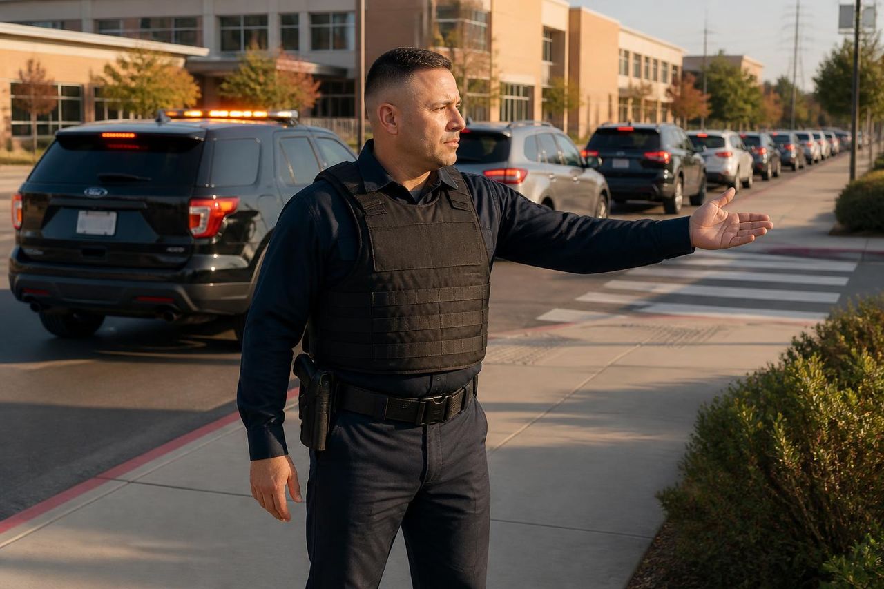 School security guard Sacramento — Stormhammer officer directing pickup line, Riverside Blvd, 95831