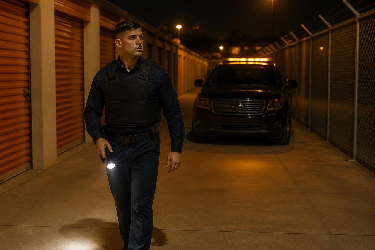 Self storage security patrol Sacramento — Stormhammer officer at self-storage roll-up aisle, Truxel Rd, 95834