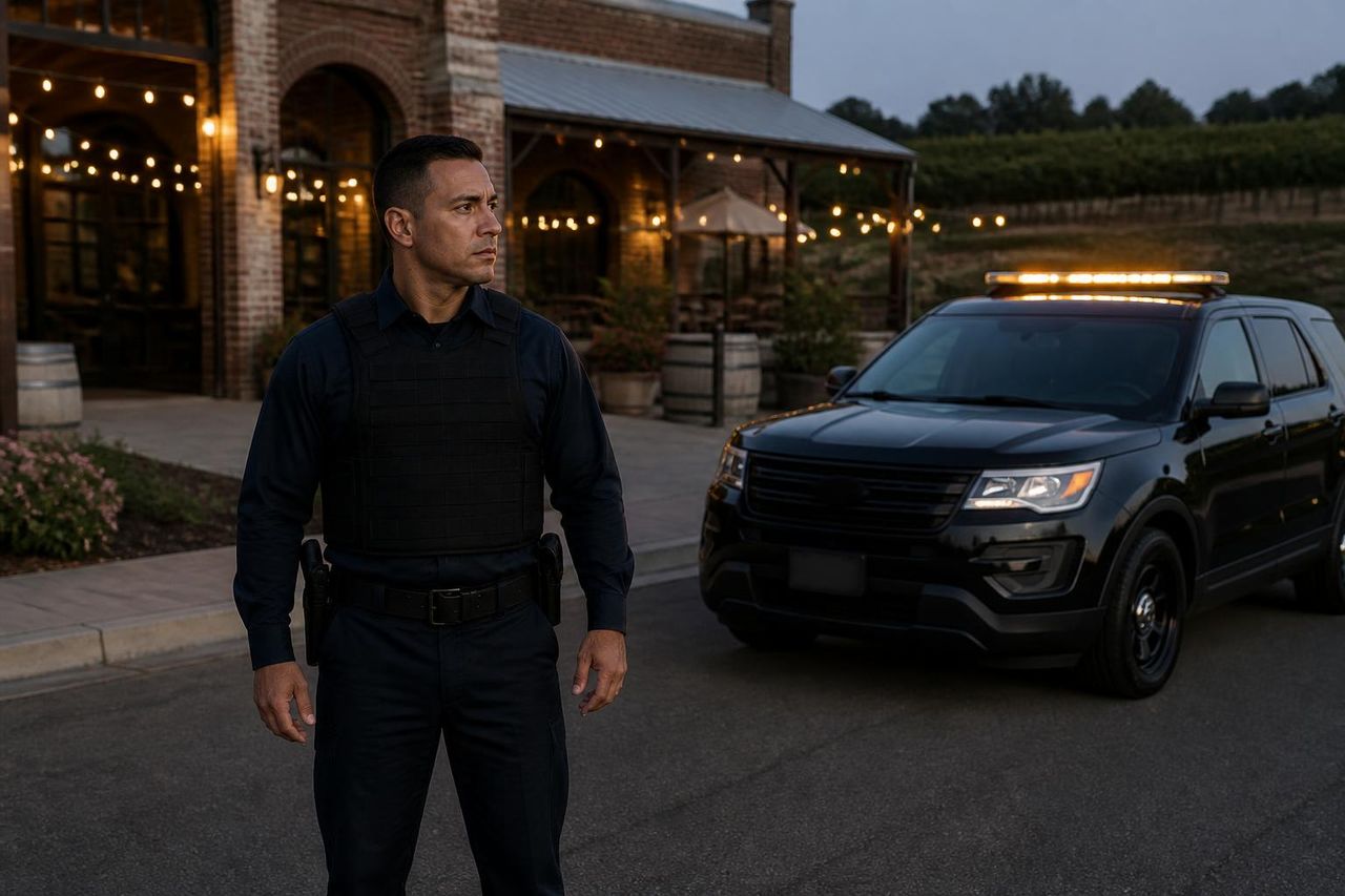Wedding security near me Sacramento — Stormhammer officer at Old Sugar Mill Clarksburg vineyard reception, 95612