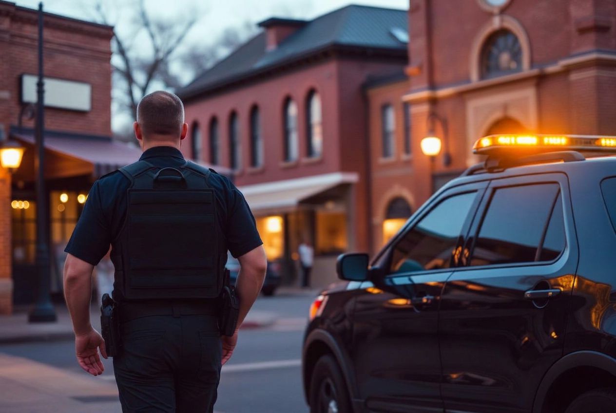 Security patrol Woodland CA — Stormhammer officer on historic Main Street downtown Woodland, 95695