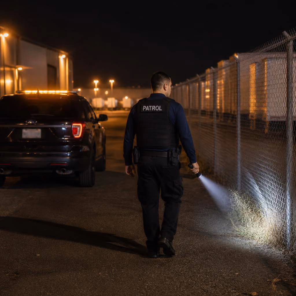 24 hour warehouse security Sacramento airport — Stormhammer officer fenceline sweep, Metro Air Parkway, 95837