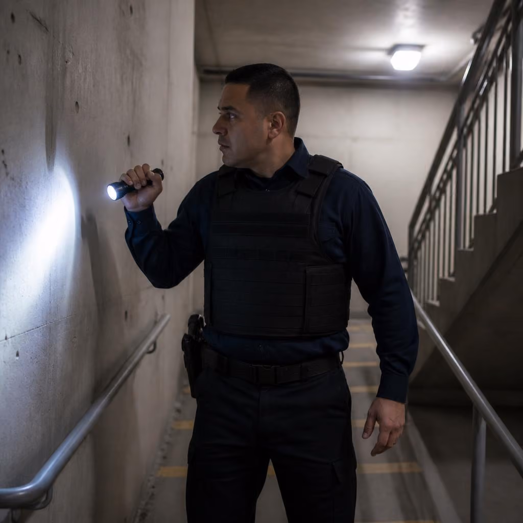 Parking garage security downtown Sacramento — Stormhammer officer stairwell sweep, Capitol Mall, 95814
