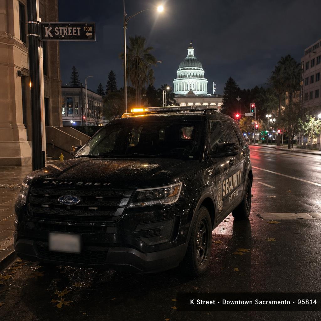 Stormhammer patrol SUV on K Street downtown Sacramento with the California State Capitol dome in the background