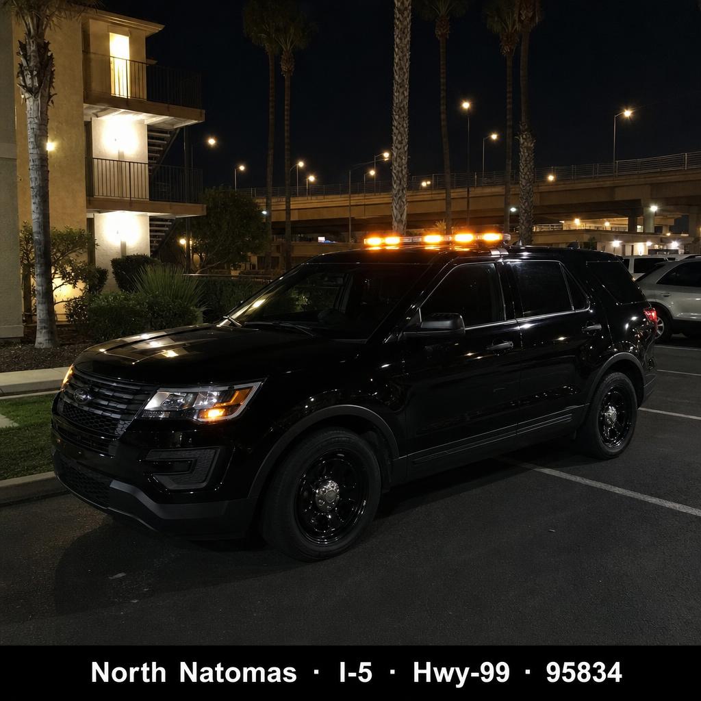 Stormhammer patrol SUV at a North Natomas apartment community with I-5 and Highway 99 overpass lights and palm trees