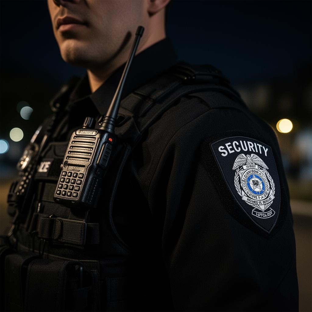 Licensed unarmed Stormhammer Security officer with radio at night in Sacramento