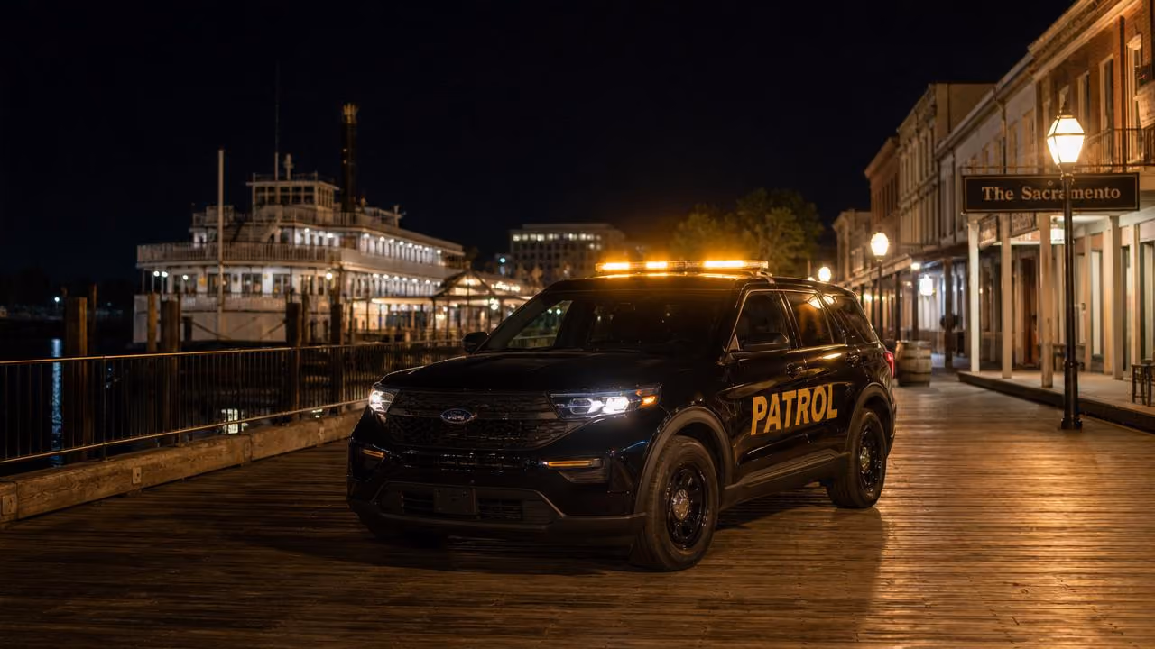 Drive-by patrol near me Sacramento — Stormhammer SUV at Old Sacramento waterfront, Front Street, 95814