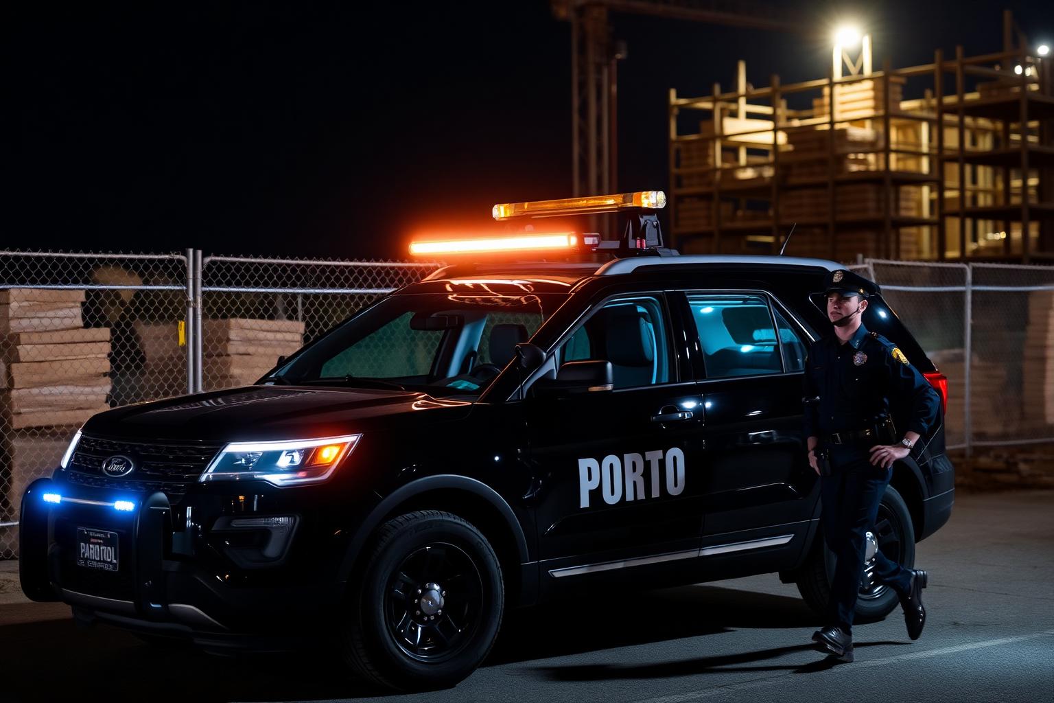 Black Ford Explorer security patrol SUV with amber light bar parked at a Sacramento construction site at night, chain-link fence and stacked lumber behind