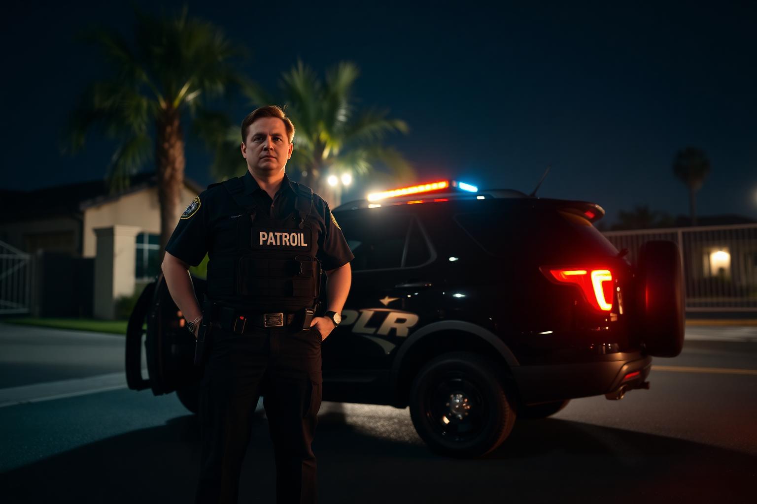 Stormhammer guard standing beside marked black Ford Explorer patrol SUV with amber light bar at the gated entrance of a Citrus Heights HOA at night, palm trees and streetlight glow