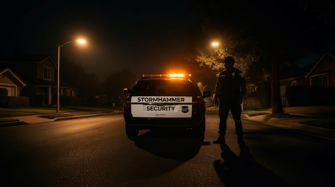 Construction Site Security in Carmichael, Sacramento County — Stormhammer Security marked patrol unit at night