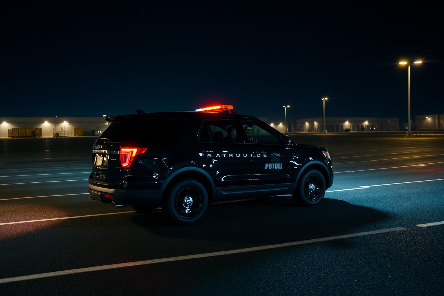 Stormhammer marked patrol SUV with amber light bar sweeping a large empty Sacramento commercial parking lot at night